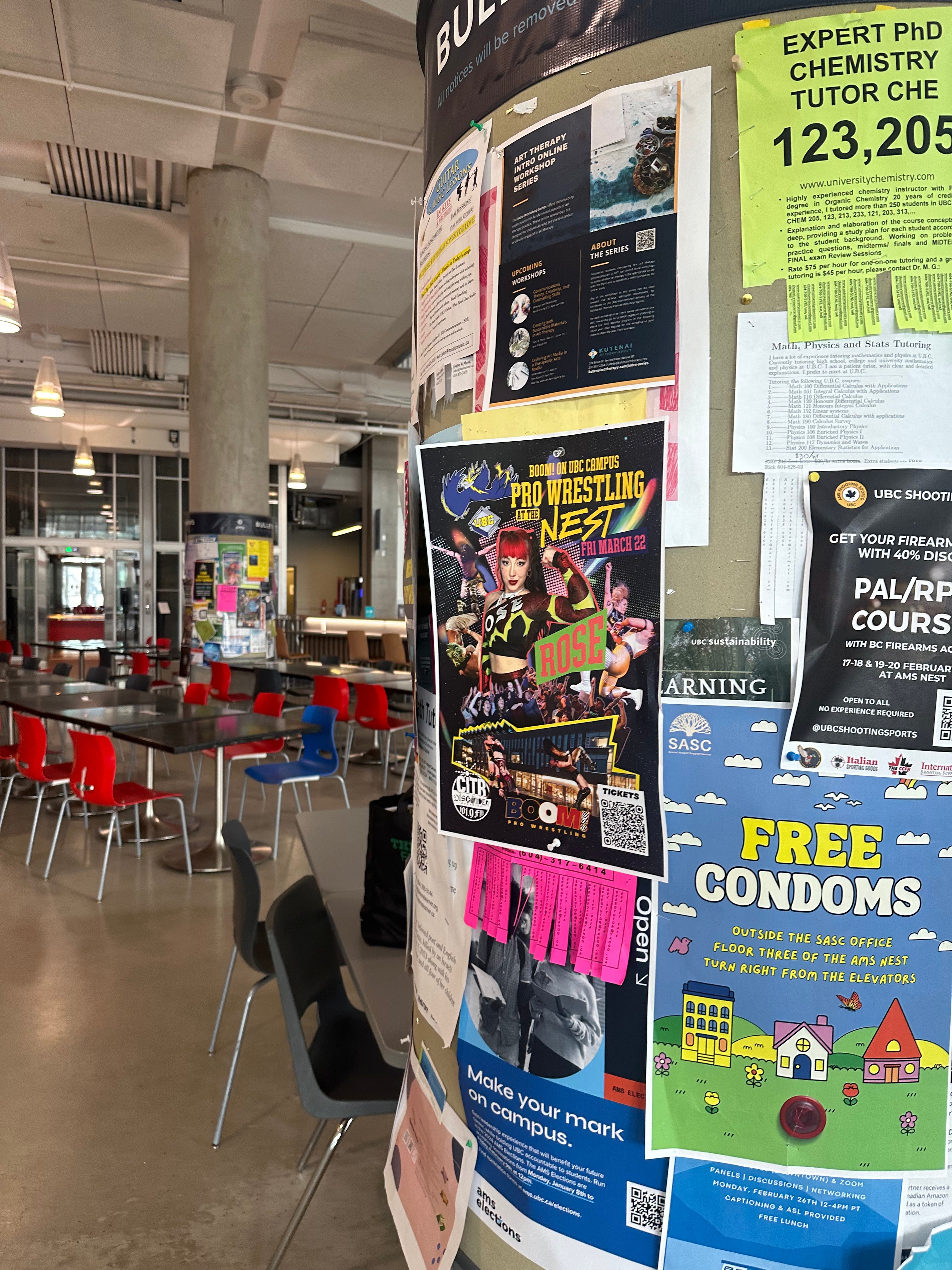 Posters installed in the cafeteria of UBC in Vancouver by Skyline City Media for a campus campaign.
