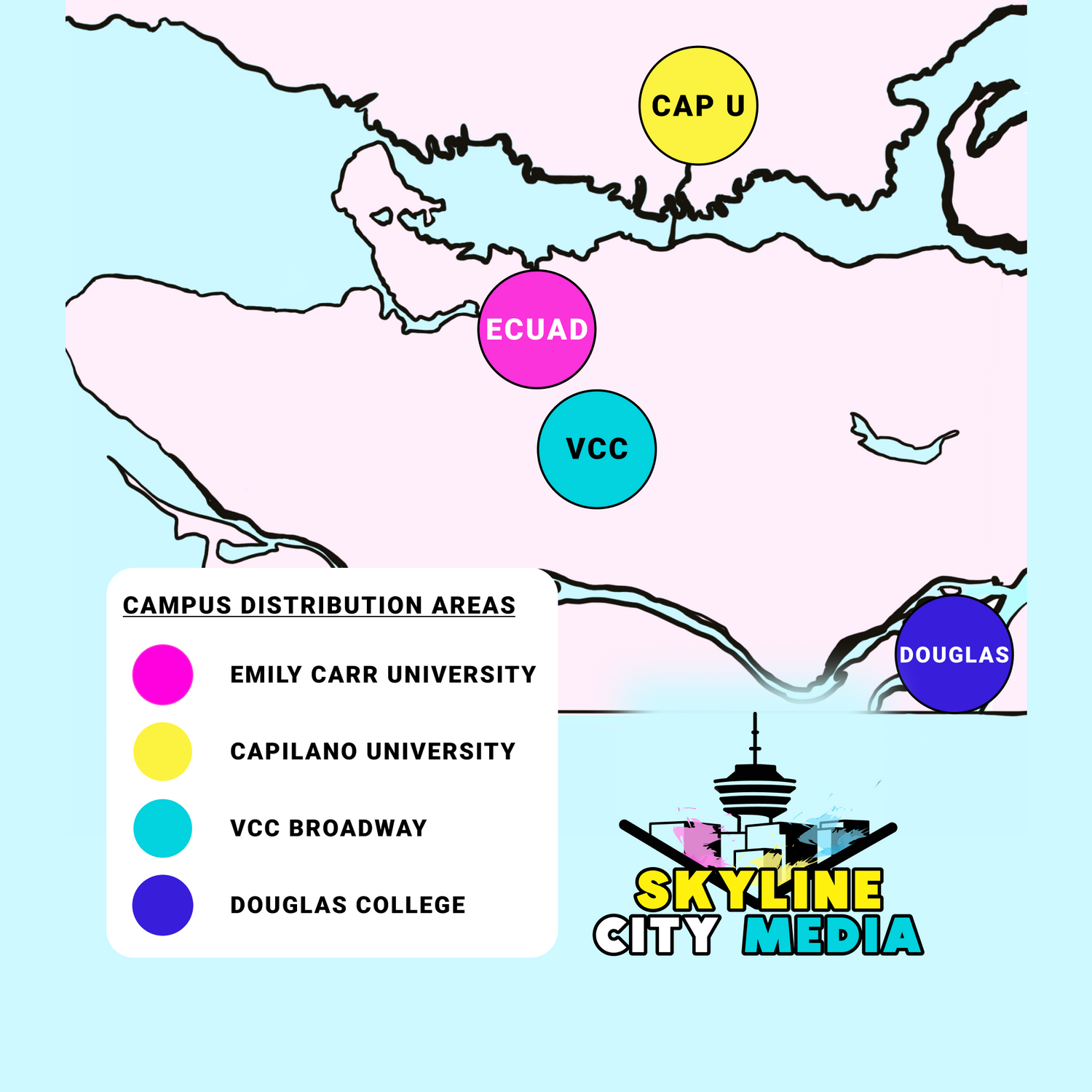 Skyline City Media's campus poster distribution map for posters installed at small campuses in Vancouver, North Vancouver, and New Westminster. Campaigns include Emily Carr University, Capilano University, VCC Broadway Campus, and Douglas College.